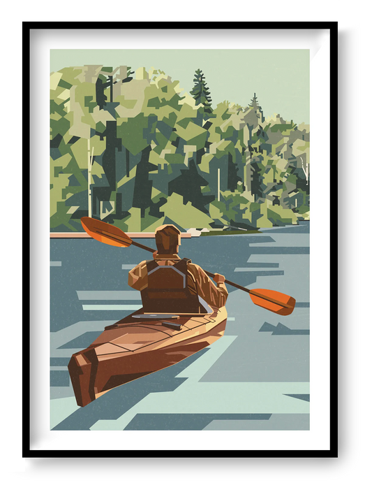 Out of Office A3 art print by Floor 4 Productions featuring a kayaker on a quiet lake surrounded by green forest, ideal for nature-inspired wall art and modern home decor.