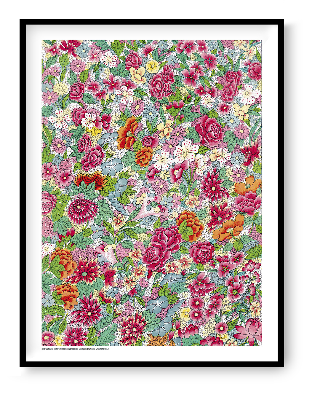 Chinese Flower Pattern by Owen Jones featuring dense pink, red, orange, blue and green flowers and leaves in an ornate Chinese-inspired decorative style, vertical digital print for colorful wall decor.