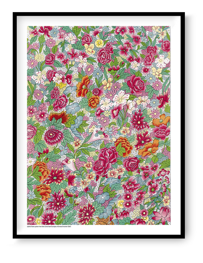 Chinese Flower Pattern by Owen Jones featuring dense pink, red, orange, blue and green flowers and leaves in an ornate Chinese-inspired decorative style, vertical digital print for colorful wall decor.