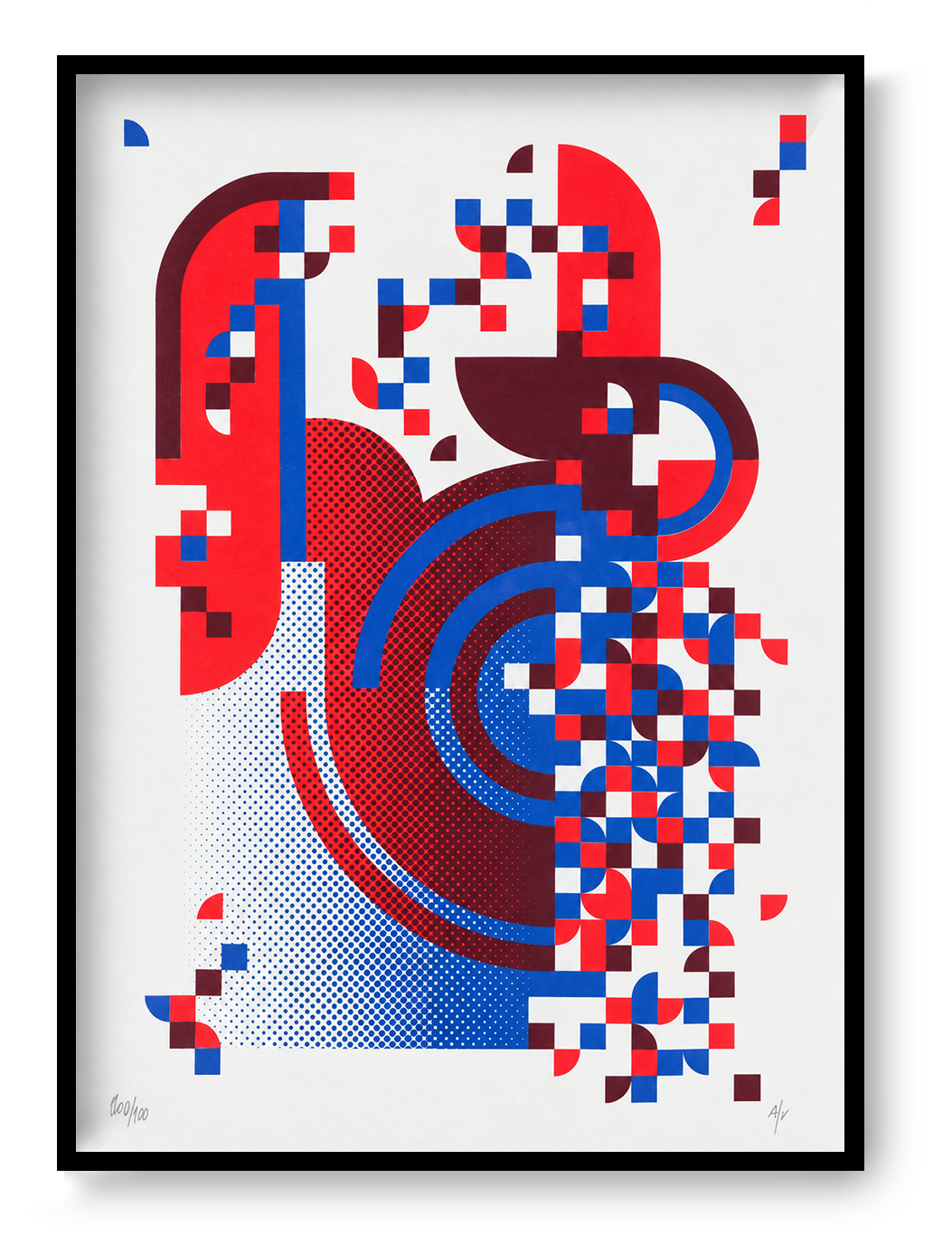 Pixel Drift 4 by PLUMO, vertical A3 hand-pulled screenprint featuring abstract geometric shapes, halftone patterns and pixel-like forms in red, blue, burgundy and white, ideal for modern wall decor.