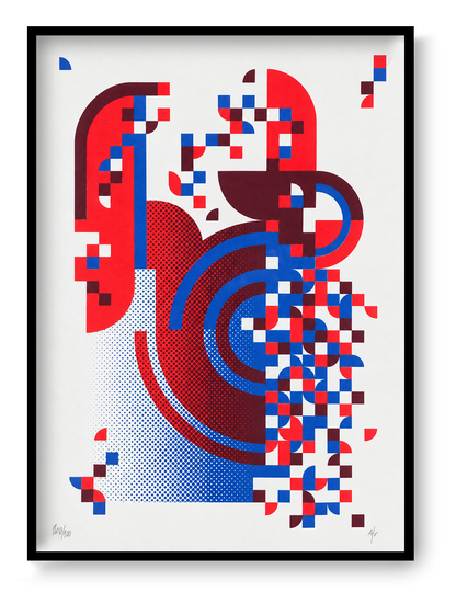 Pixel Drift 4 by PLUMO, vertical A3 hand-pulled screenprint featuring abstract geometric shapes, halftone patterns and pixel-like forms in red, blue, burgundy and white, ideal for modern wall decor.