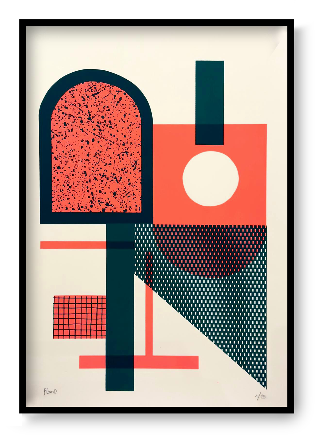 Abstract geometric screen print by Belgian artist PLUMO featuring bold shapes and fluorescent colors, hand-pulled limited edition modern wall art for minimalist and Scandinavian interiors.