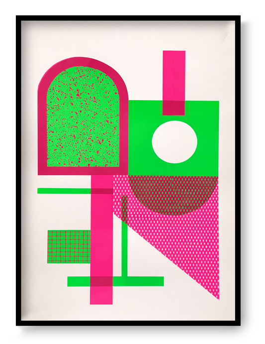 Abstract geometric screen print by Belgian artist PLUMO featuring bold shapes and fluorescent colors, hand-pulled limited edition modern wall art for minimalist and Scandinavian interiors.