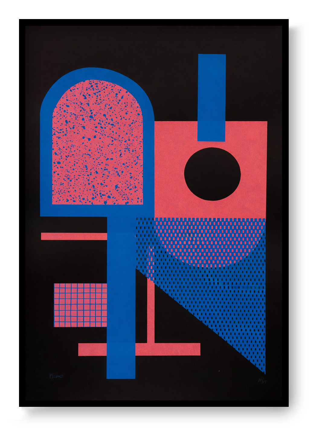 Abstract geometric screen print by Belgian artist PLUMO featuring bold shapes and fluorescent colors, hand-pulled limited edition modern wall art for minimalist and Scandinavian interiors.