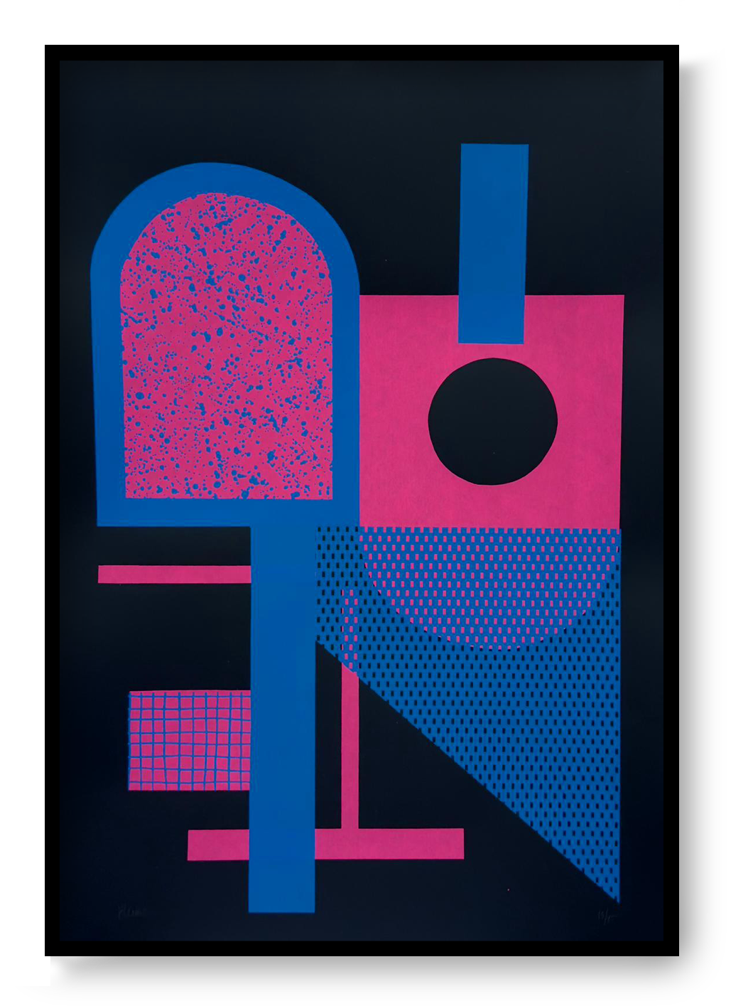 Abstract geometric screen print by Belgian artist PLUMO featuring bold shapes and fluorescent colors, hand-pulled limited edition modern wall art for minimalist and Scandinavian interiors.
