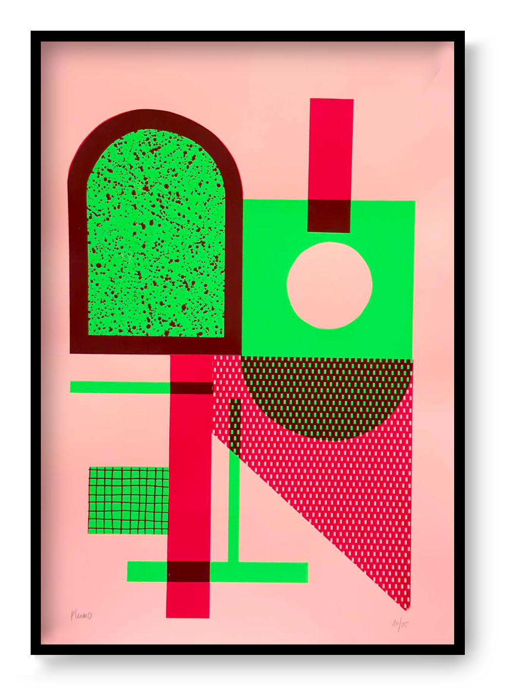Abstract geometric screen print by Belgian artist PLUMO featuring bold shapes and fluorescent colors, hand-pulled limited edition modern wall art for minimalist and Scandinavian interiors.