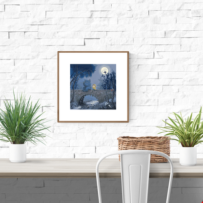 Giclée print by Belgian illustrator Willy Leung – whimsical 30x30 cm illustration of a child and friendly creature on a stone bridge under the full moon, surrounded by soft blue forest tones – printed with archival pigment inks on 308 gsm Hahnemühle fine art paper.