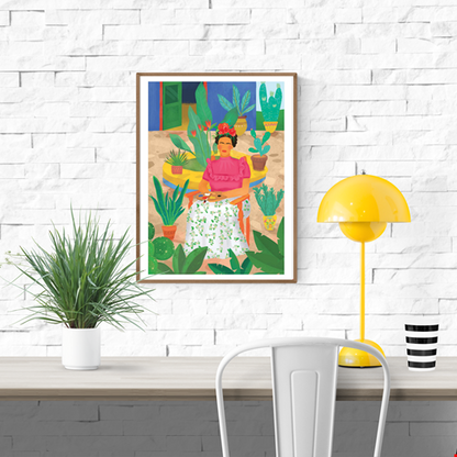 Frida by Petra Lizde – 30x40 cm colorful art print of Frida Kahlo seated in a garden with tropical plants. Vibrant Mexican-inspired wall art, botanical illustration, and bold portrait design perfect for adding creativity and warmth to interiors.