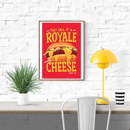 Royale with Cheese by Barrie Jones – 30x40 cm art print featuring a mouthwatering cheeseburger inspired by Quentin Tarantino’s Pulp Fiction. Bold red background, dripping melted cheese, cinematic pop art illustration perfect for kitchens, bars, restaurants, and movie lovers.