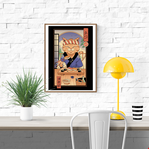 Sushi Cat in Edo by Vincent Trinidad – 30x40 cm Japanese pop art print of a smiling cat sushi chef in traditional Edo attire, preparing nigiri and sushi rolls with chopsticks, playful wall decor for Japanese culture and food lovers.