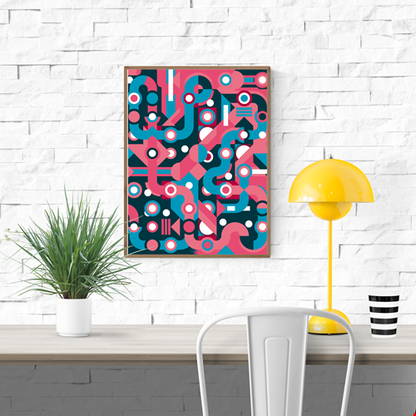 Colorful abstract geometric art print with flowing blue and pink lines, circles, and shapes forming a maze-like pattern. Modern wall art by Belgian illustrator Gert Paenen of Studio Frits, perfect for contemporary interiors and design lovers.