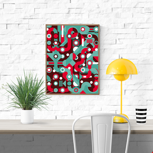 Colorful abstract geometric art print with flowing teal and red lines, circles, and shapes forming a maze-like pattern. Modern wall art by Belgian illustrator Gert Paenen of Studio Frits, perfect for contemporary interiors and design lovers.