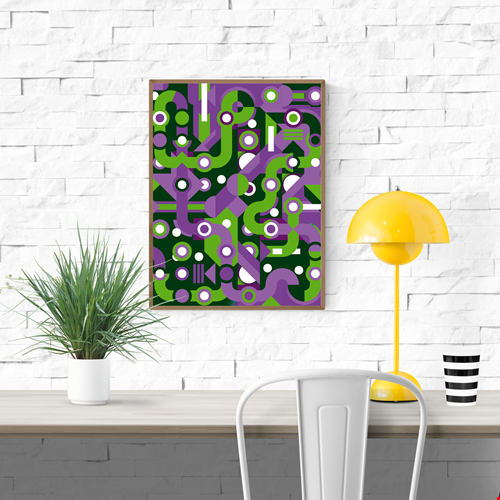 Colorful abstract geometric art print with flowing green and purple lines, circles, and shapes forming a maze-like pattern. Modern wall art by Belgian illustrator Gert Paenen of Studio Frits, perfect for contemporary interiors and design lovers.