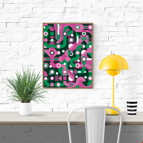 Colorful abstract geometric art print with flowing green and pink lines, circles, and shapes forming a maze-like pattern. Modern wall art by Belgian illustrator Gert Paenen of Studio Frits, perfect for contemporary interiors and design lovers.