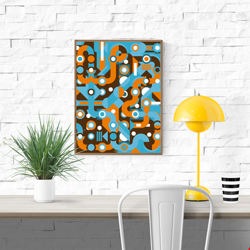 Colorful abstract geometric art print with flowing light blue and orange lines, circles, and shapes forming a maze-like pattern. Modern wall art by Belgian illustrator Gert Paenen of Studio Frits, perfect for contemporary interiors and design lovers.
