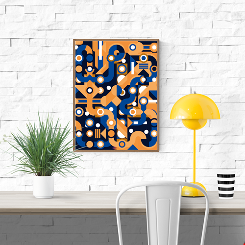 Colorful abstract geometric art print with flowing blue and orange lines, circles, and shapes forming a maze-like pattern. Modern wall art by Belgian illustrator Gert Paenen of Studio Frits, perfect for contemporary interiors and design lovers.