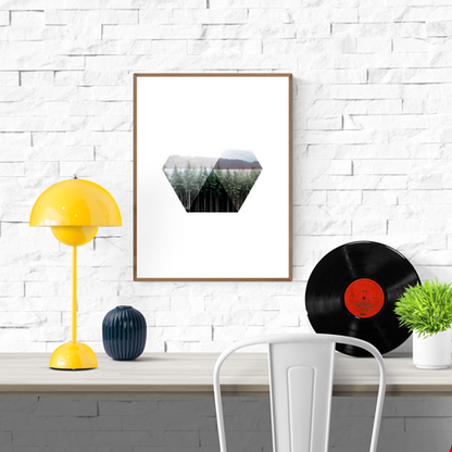 Minimalist geometric forest art print “Tallskogen” by Studio Frits – Scandinavian-inspired design blending Swedish pine trees and photography in a peaceful, modern composition. Perfect wall art for Nordic, minimalist, or nature-themed interiors.