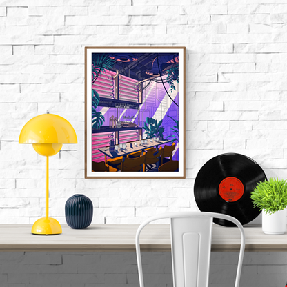 Indus Coffee art print by Paiheme Studio, retro-futuristic café interior illustration with neon pink lights, industrial pipes, and coffee bar scene, available in 30x40 cm and 50x70 cm, digital print on Inapa Tradition Blanc Naturel 250g or Classic Mat 230g paper, unframed, made in France.