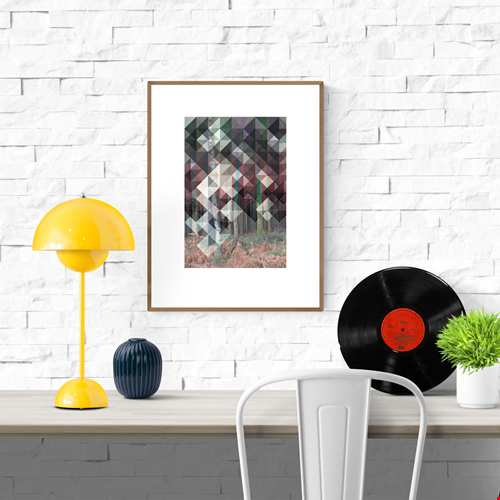 Birk art print by Studio Frits – geometric Scandinavian forest artwork by Belgian illustrator Gert Paenen, inspired by Swedish woods, combining photography and abstract patterns in calm earthy tones – Nordic wall art for modern interiors