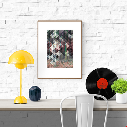Birk art print by Studio Frits – geometric Scandinavian forest artwork by Belgian illustrator Gert Paenen, inspired by Swedish woods, combining photography and abstract patterns in calm earthy tones – Nordic wall art for modern interiors