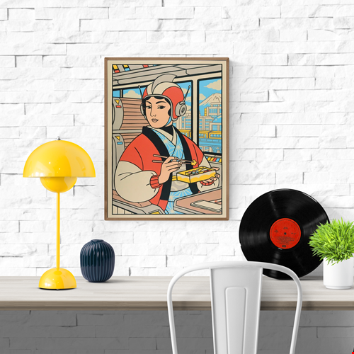 Retro-futurist illustration of a Japanese woman eating lunch on a train, created by Yeaaah! Studio, with Mount Fuji and cityscape in the background – bold graphic print in red, blue, and beige tones.