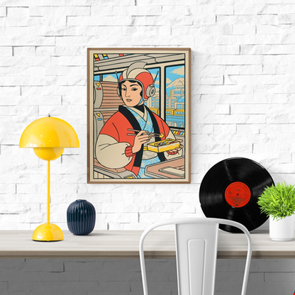 Retro-futurist illustration of a Japanese woman eating lunch on a train, created by Yeaaah! Studio, with Mount Fuji and cityscape in the background – bold graphic print in red, blue, and beige tones.