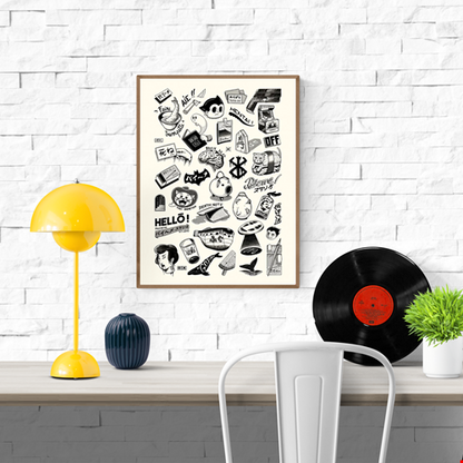 Japanese Premium Tattoos by Paiheme Studio, A3 (29.7 x 42 cm) black and white art print featuring retro Japanese tattoo-style illustrations, manga icons, playful cultural motifs, and bold graphic details. Printed on premium paper, unframed, shipped with protective sleeve and cardboard backing, perfect for fans of Japanese pop culture and tattoo-inspired artwork.