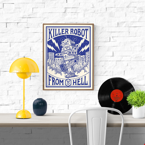 Killer Robot art print by Yeaaah! Studio, featuring a vintage comic-style blue robot destroying a city with lightning bolts and flames in the background. Retro pulp sci-fi illustration printed on 300g Old Mill Premium White paper, 30x40 cm, made in France, unframed.