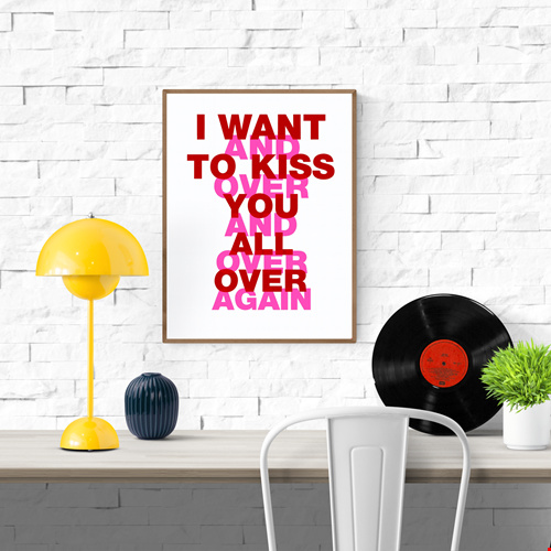Typography art print ‘I Want to Kiss You All Over’ by Gumbootz, 30×40 cm hand-pulled screen print in bold red and fluorescent pink, modern graphic poster with overlapping text design, contemporary wall art for lovers of expressive, romantic prints.