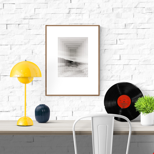 Minimalist Nordic art print SØ by Studio Frits, black-and-white geometric landscape inspired by Swedish winter woods, fine art digital print on matte paper, modern wall decor for Scandinavian and design lovers.