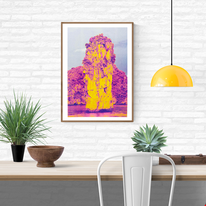 Ha Long Bay risograph art print by PTRVRKD in bold yellow and magenta tones, limited edition A3 poster printed on Munken Pure Rough paper, modern vibrant landscape artwork for home decor, contemporary risograph print made in the Netherlands.