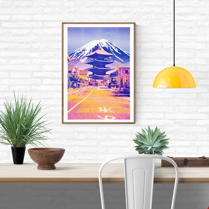 Japanese neon collage art print of Gokoyama road with pagoda and Mount Fuji in the background, vibrant pink-yellow-purple risograph-style colours, modern Japanese street scene artwork, contemporary Japan wall art for home décor, PTRVRKD illustration.