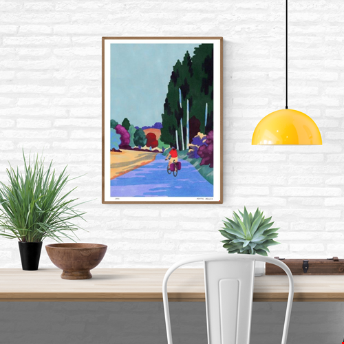 A3 four-colour risograph print by Agathe Meunier showing a cyclist riding through a peaceful Jura landscape, with stylised trees, soft pastel fields, and a calm blue road, printed on Munken Print White paper, limited edition, signed and numbered, contemporary European illustration.