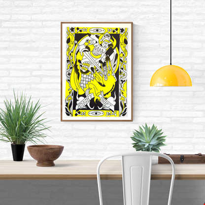 Vibrant A3 screen print Knight Shift by Auwnanas featuring a playful knight battling a stylized dragon in bold yellow and black tones, surrounded by decorative medieval-inspired patterns. Limited edition artwork with strong graphic lines, ideal for modern art collectors in Belgium, the Netherlands, France, and Germany.