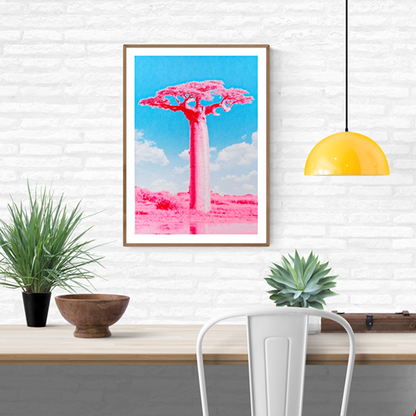 Fluor pink and blue silkscreen art print of a Baobab tree by PTRVRKD, modern handmade A2 screen print on 250 gsm paper, limited edition of 25.