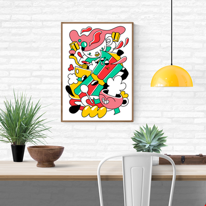 Colorful limited edition A3 risograph print titled “Coffee Rally” by Belgian artist Auwnanas, featuring playful cartoon characters, bold red, yellow, green and black shapes, dynamic coffee-themed elements, and energetic movement; modern quirky wall art for design lovers.