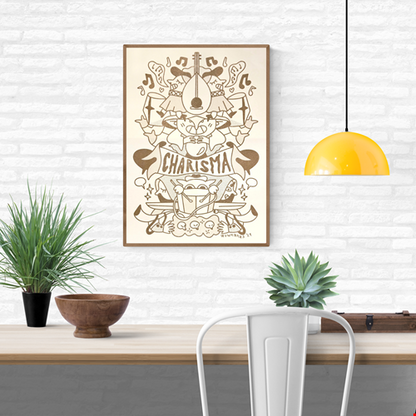 Risograph illustration “Class Act Gold” by Auwnanas featuring whimsical musicians, playful characters, musical notes and decorative shapes in warm golden tones; A3 art print with bold graphic style and lively composition; modern quirky wall art perfect for cheerful home décor and collectors of contemporary risography.