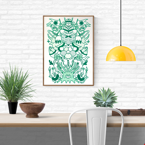 Green risograph illustration by Auwnanas featuring a symmetrical composition of whimsical characters, smiling flowers, quirky animals with horns, waving flags, expressive candles, and a bold central tree figure. Playful linework, bold shapes, and layered green tones create a lively, modern art print. A3 wall art, contemporary risograph illustration for home decor.
