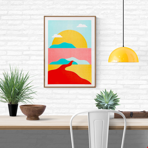 Pastel river landscape art print by PTRVRKD featuring bold red river, abstract mountains, and a yellow sun in playful pastel tones – A3 limited edition risograph print handmade in the Netherlands