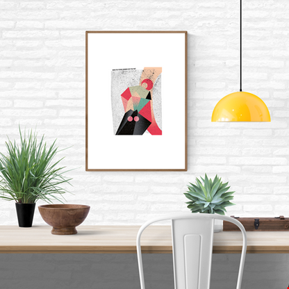 Abstract art print titled “When the Future Reminds Us of the Past” by Gert Paenen, featuring geometric shapes in pink, coral, green, and black with retro textures, hand-signed limited edition, 30x40 cm.