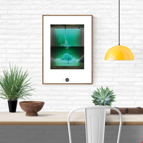 Nordic-inspired art print Träd by Studio Frits – a minimalist digital artwork by Belgian illustrator Gert Paenen featuring mirrored trees in green gradients, symbolizing nature, reflection, and Scandinavian calm. Perfect wall art for modern, nature-inspired homes in Belgium, the Netherlands, France, and Germany.