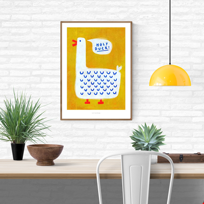 Humorous A3 art print of a cartoon white duck on a mustard yellow background with speech bubble saying “Holy Duck!” – playful illustration by Just Cool Design, printed on 230g matte fine art paper.
