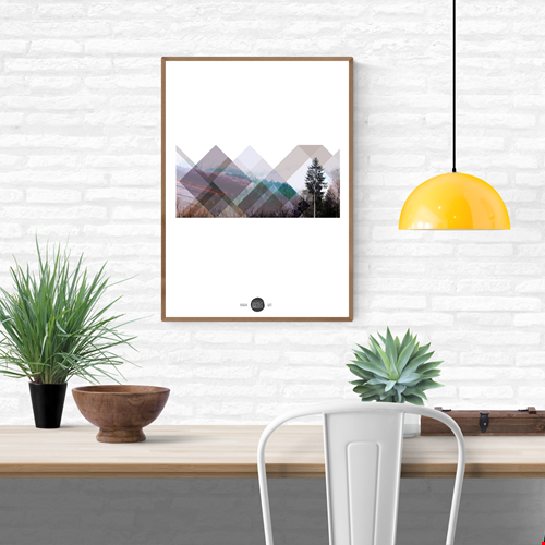 Minimalist geometric landscape art print titled Skogen by Studio Frits, combining layered transparent shapes with a Swedish forest photograph to create a peaceful Scandinavian aesthetic, ideal for contemporary wall decor.