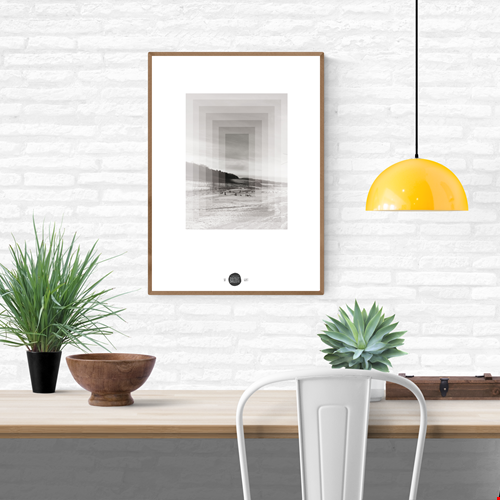 Minimalist Nordic art print SØ by Studio Frits, black-and-white geometric landscape inspired by Swedish winter woods, fine art digital print on matte paper, modern wall decor for Scandinavian and design lovers.