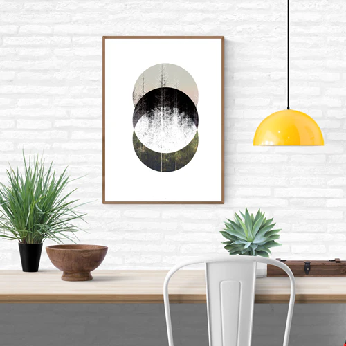 Minimalist Nordic forest art print titled Barrträd by Studio Frits — serene digital collage of pine trees in layered circular compositions, inspired by Swedish nature and Scandinavian design. Perfect wall art for modern interiors in Belgium, the Netherlands, France, and Germany.