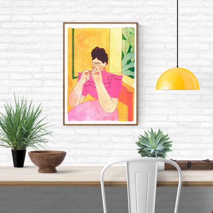 Modern minimalist illustration in warm tones depicting a woman in a pink dress and bold earrings lighting a cigarette, inspired by the iconic figure of Frida Kahlo. Contemporary artwork with a nostalgic feel, perfect for artistic decor, lovers of feminine portraiture, and expressive interiors.