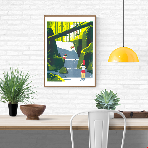 Risograph art print Cascade by Tom Haugomat showing children playing near a forest waterfall, surrounded by lush green trees and sunlight. Vibrant yellow and green tones, minimalist shapes, and nostalgic atmosphere — perfect nature wall art by the French illustrator, printed on Munken White Paper 150g.