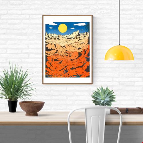 Colorful risograph print Landscape by Dutch illustrator Floor van het Nederend, depicting a surreal orange desert under a bright blue sky and large yellow sun, filled with alien rock formations and graphic details. A vibrant extraterrestrial landscape artwork ideal for collectors of bold and imaginative prints.