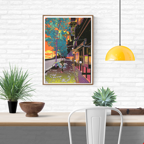 Colorful risograph art print by Korean illustrator Jinhwa Jang depicting a surreal summer cityscape at sunset — glowing orange sky, neon lights, and a playful black figure with a swim ring under blue-green trees. Urban illustration mixing retro hues and dreamy atmosphere — perfect wall art for modern interiors