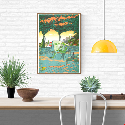 Risograph art print by Liam Cobb featuring a frog artist painting outdoors under leafy trees at sunset, with a glass of wine and city view in the background. Surreal, colorful, and contemplative illustration combining humor, nature, and modern design — perfect for art lovers and collectors in Belgium, the Netherlands, France, and Germany.